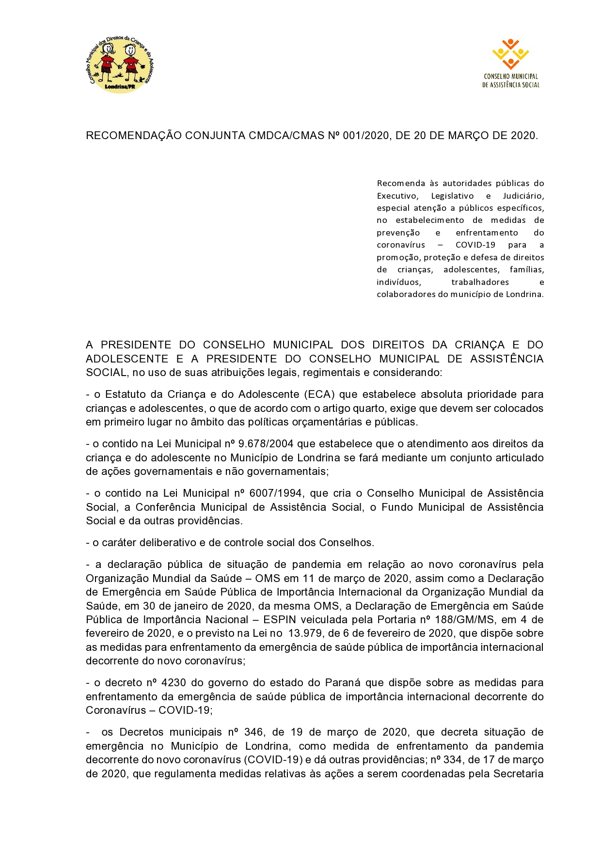 RECOMENDAÇÃO CONJUNTA CMDCA CMAS nº 001 2020 page0001